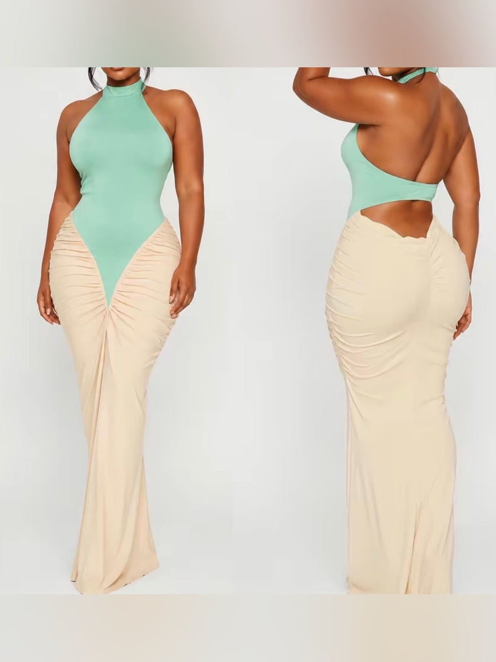 Sleek Two-Tone Halter Maxi Dress in Mint and Cream